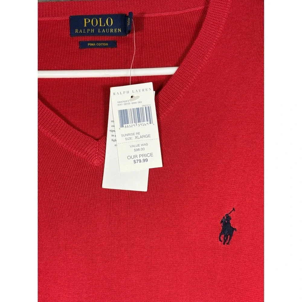 Polo Ralph Lauren Mens XL Pima Cotton V-Neck Sweater Red NWT 1864765FZ